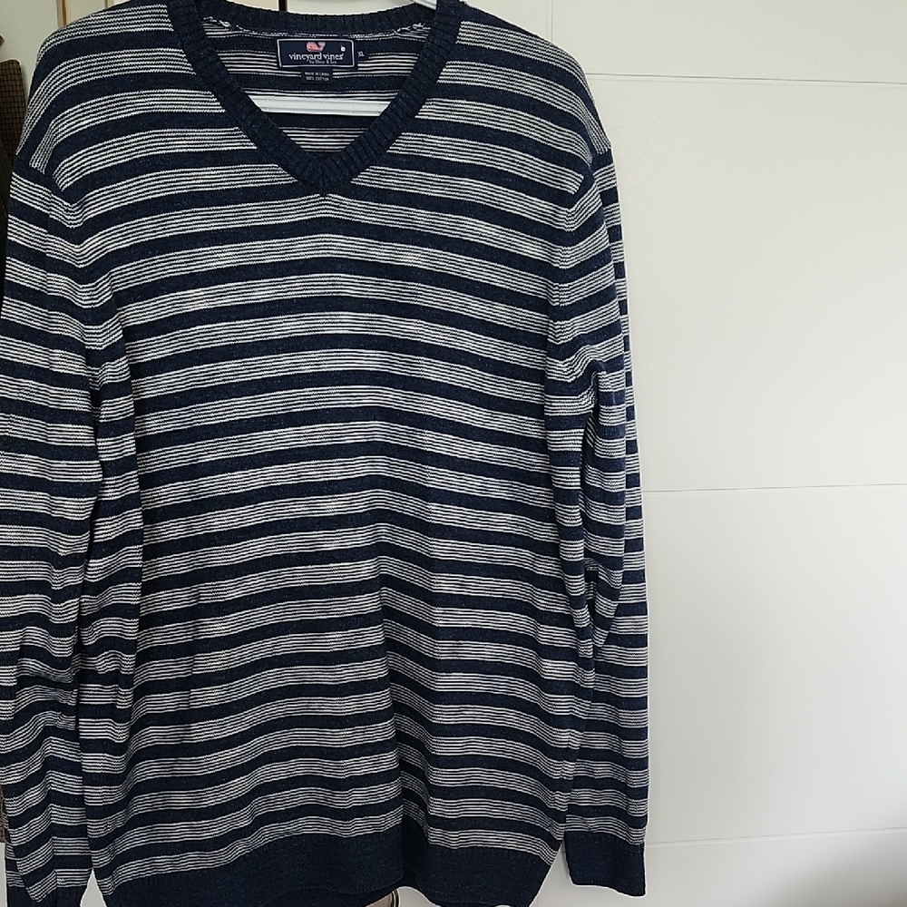 Vineyard Vines Size XL Navy White Striped V-Neck Sweater